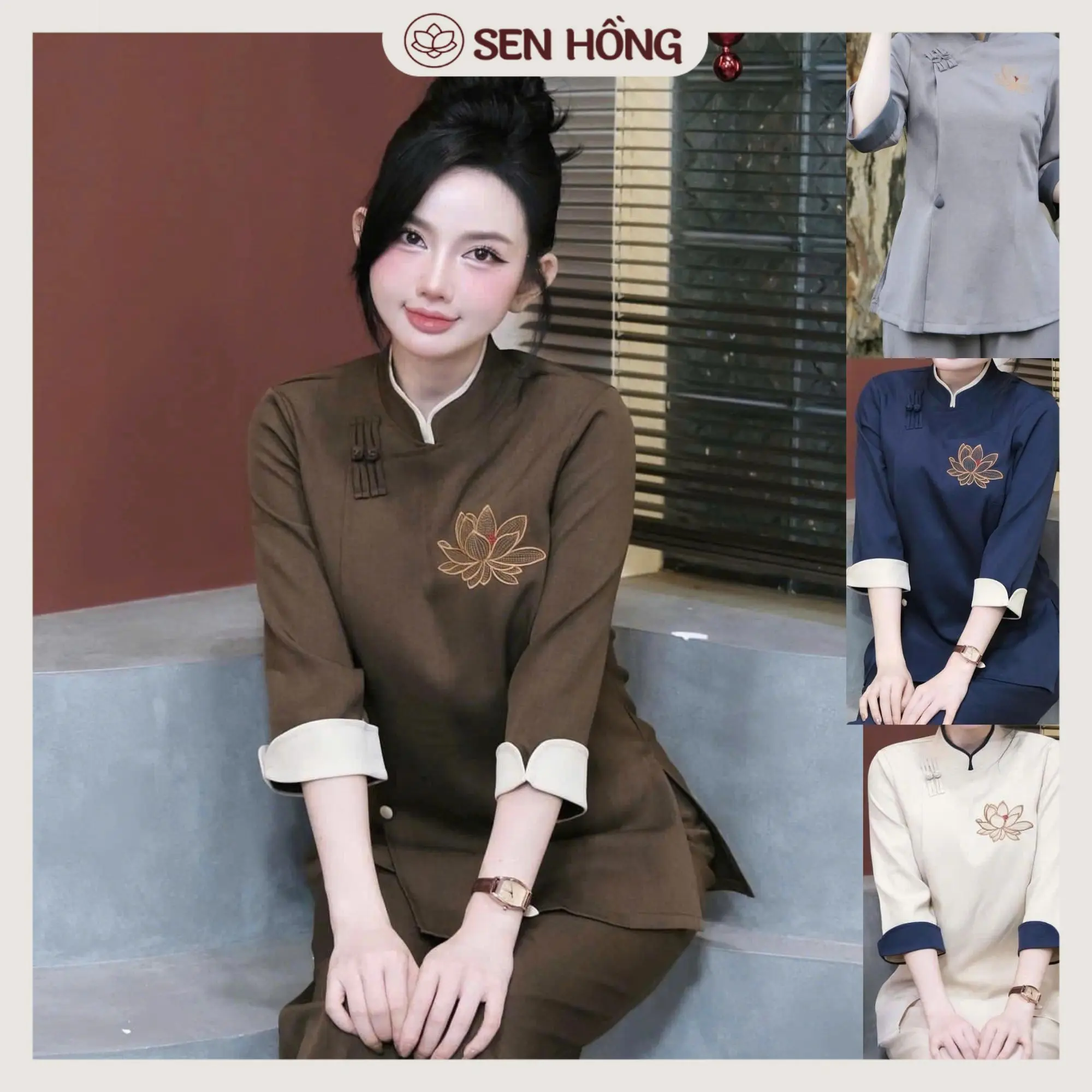 ĐỒ LAM ĐI CHÙA - quần áo Phật tử nữ mẫu cổ tàu viền thêu sen # set Pháp phục G51