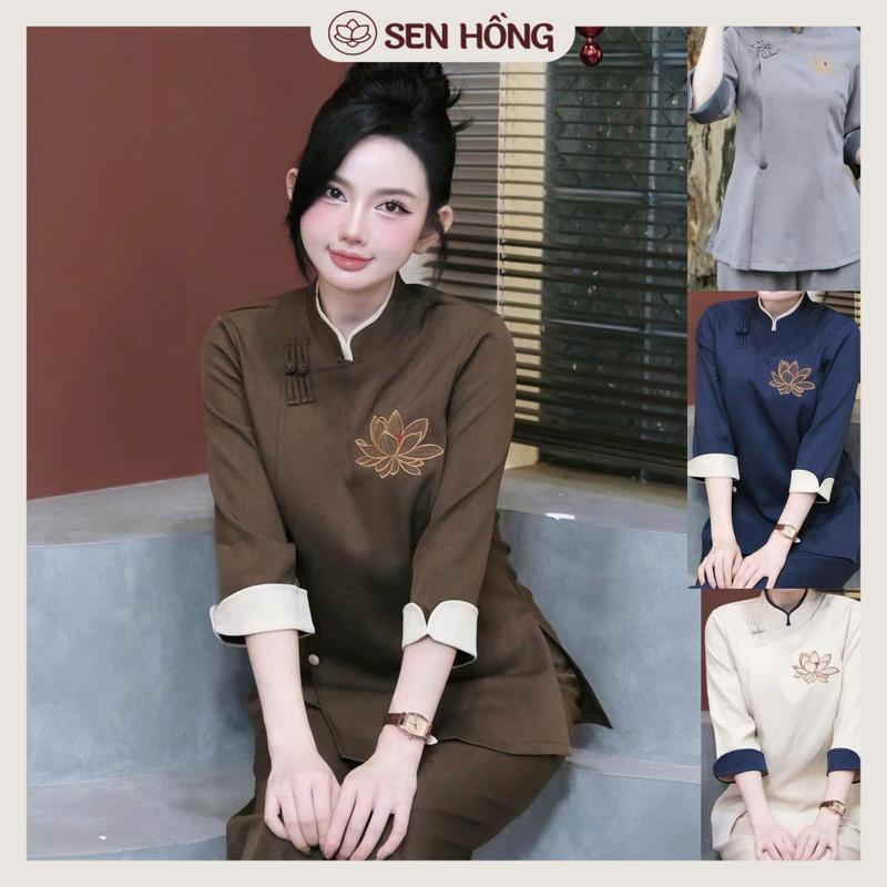 ĐỒ LAM ĐI CHÙA - quần áo Phật tử nữ mẫu cổ tàu viền thêu sen # set Pháp phục G51