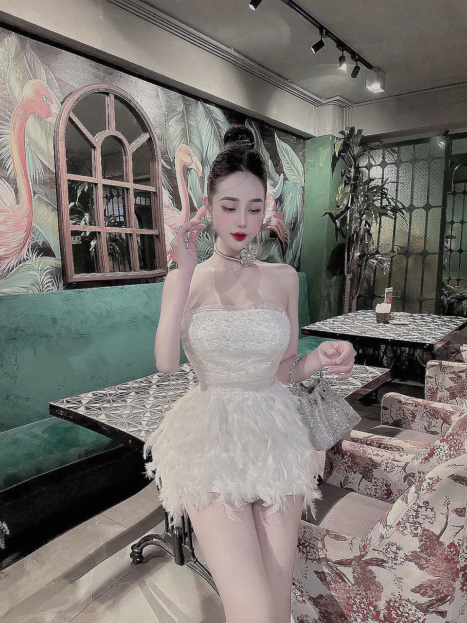 Đầm cúp ngực đính ngọc phối chân lông 2 lớp kèm quần bảo hộ tiểu thư sang chảnh mặc nhiều dịp