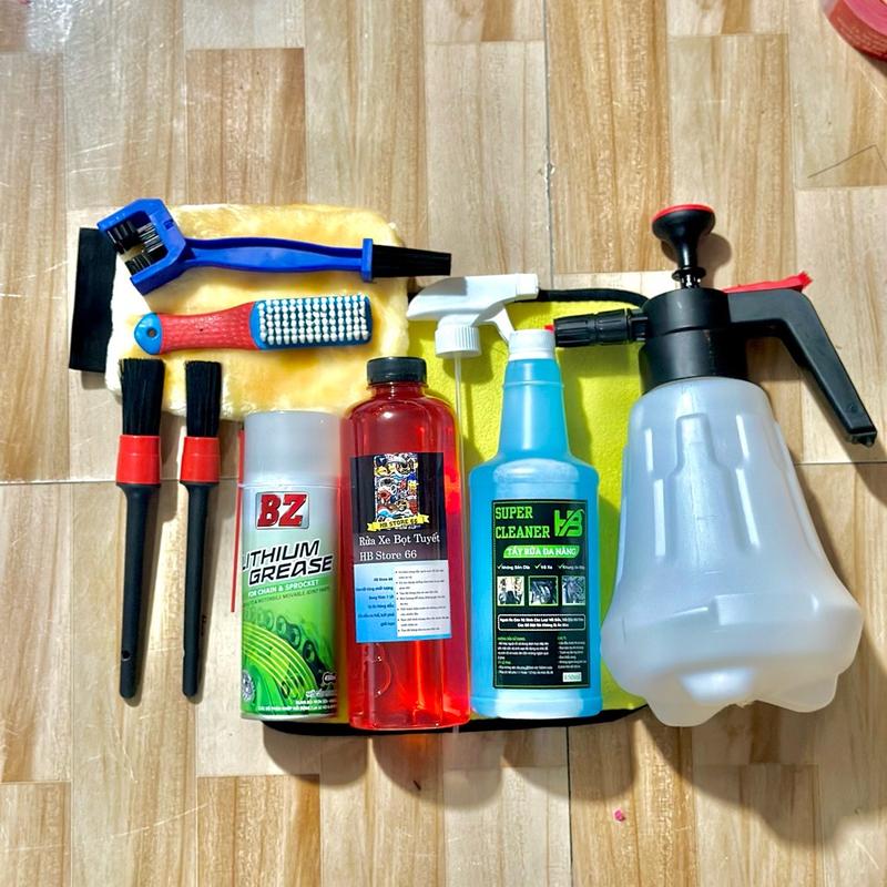 Combo Rửa Xe 11 Món: Bình Xịt, Super Clener 850ml, Xà Bông 1 Lít, Dưỡng Sên Mở Bò Xanh BZ, Dụng Cụ Rửa Xe - Khăn Phụ Kiện Lau Xe