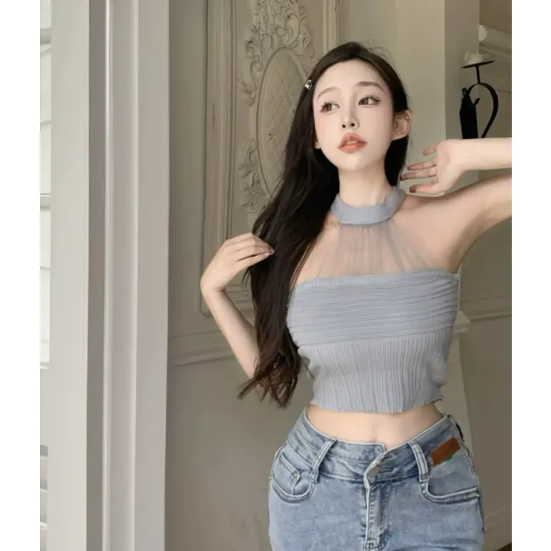 Áo Yếm Cổ Yếm, Khâu Lưới Quý Cô, Áo Mùa Hè Cho Nữ, Áo Sơ Mi Gợi Cảm, Áo Ngắn, Áo Sơ Mi Thời Trang Mới 3