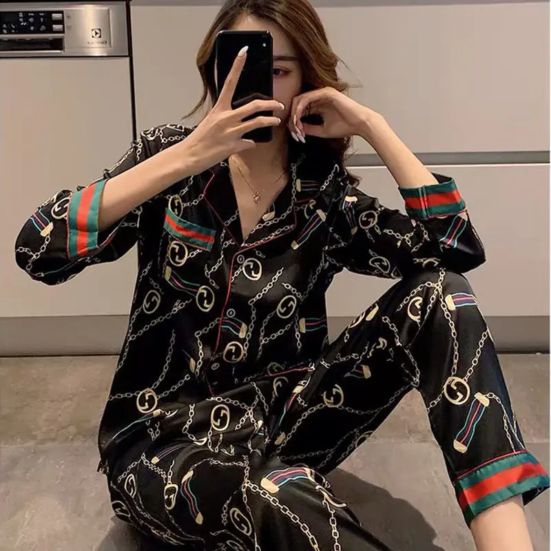 Ice Silk Pajamas Women's Long-Sleeved Trousers Spring and Autumn Artificial Silk Home Wear Suit Can Be Worn outside