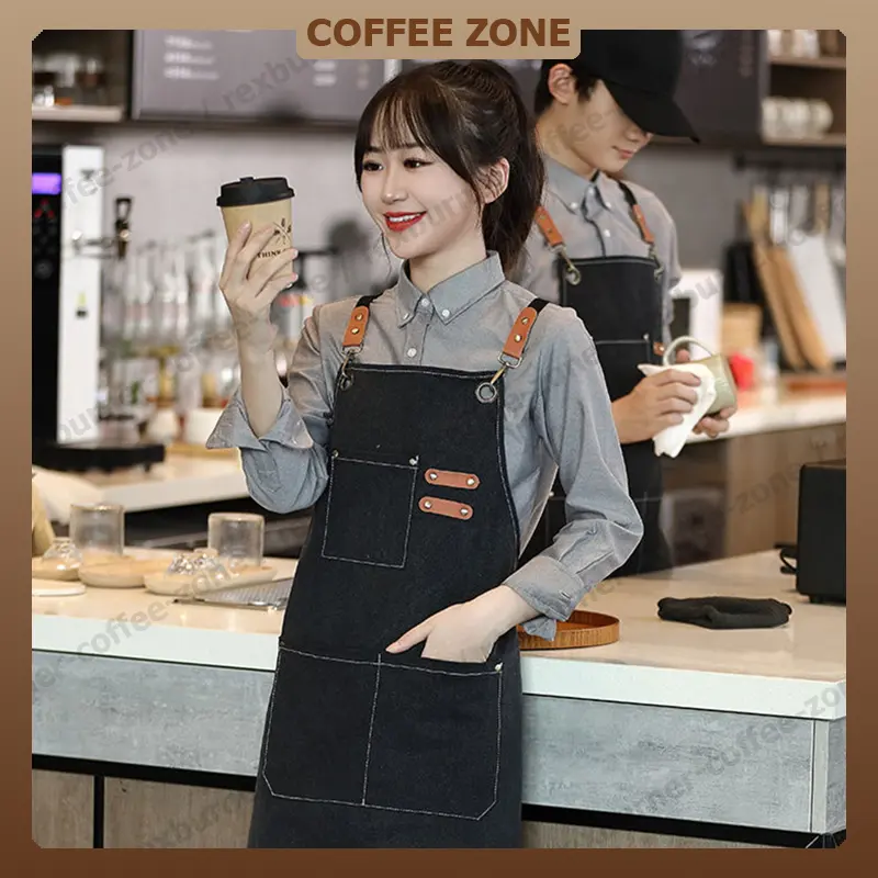 ผ้ากันเปื้อน กาแฟ ผ้ากันเปื้อนยีนส์ เหมาะสำหรับร้านกาแฟ ห้องครัว กันเปื้อนทำงานครัว เอี้ยมกันเปื้อน