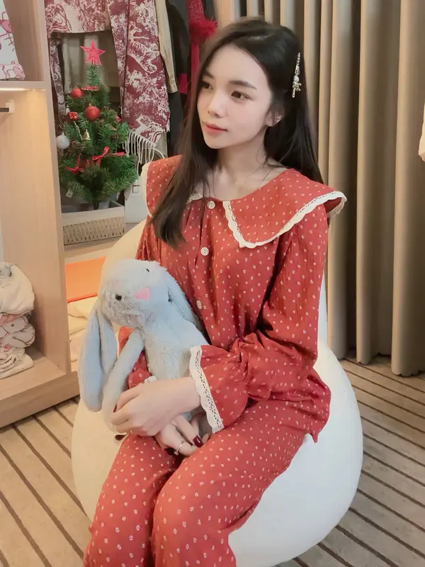 Bộ đồ ngủ cổ bèo ren họa tiết hoa nhí phong cách tiểu thư Hàn Quốc cho nữ - Women 2