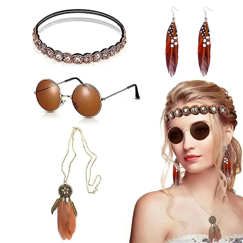 4 Pieces Bohemian Costume Accessories, Tassel Long Pendant Necklace Feather Earrings Sunglasses Headband Set stylish party cosplay