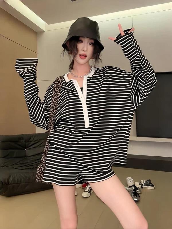 FREE SHIP Set Bộ Áo DÀI /QUẦN NGẮN Nữ SỌC Thiết Kế Viền Tiểu Thư Xinh Xắn Kem Lịch Women Top