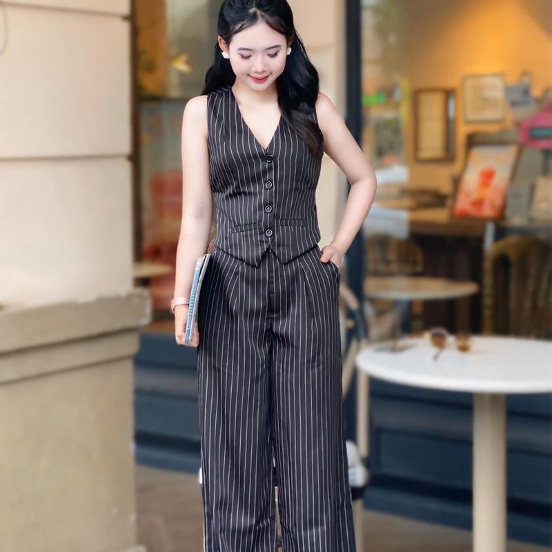 Set bộ quần tây áo ghile nữ sọc đen phong cách sang trọng - Size S - Women, Nhung 2