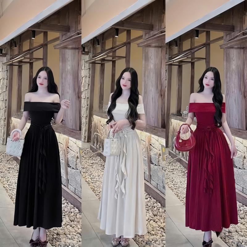 Đầm  Ôm Body Trễ Vai Dáng Dài Xòe Phối Hoa Eo Kèm Dây Tua Rua Chất Thun Gân Tăm Mềm Mại Váy Dự Tiệc Đi Chơi, Đám Cưới Thời Trang Nữ Mới Nhất_205731389 Women Nữ Dress Đỏ Đen Trắng New