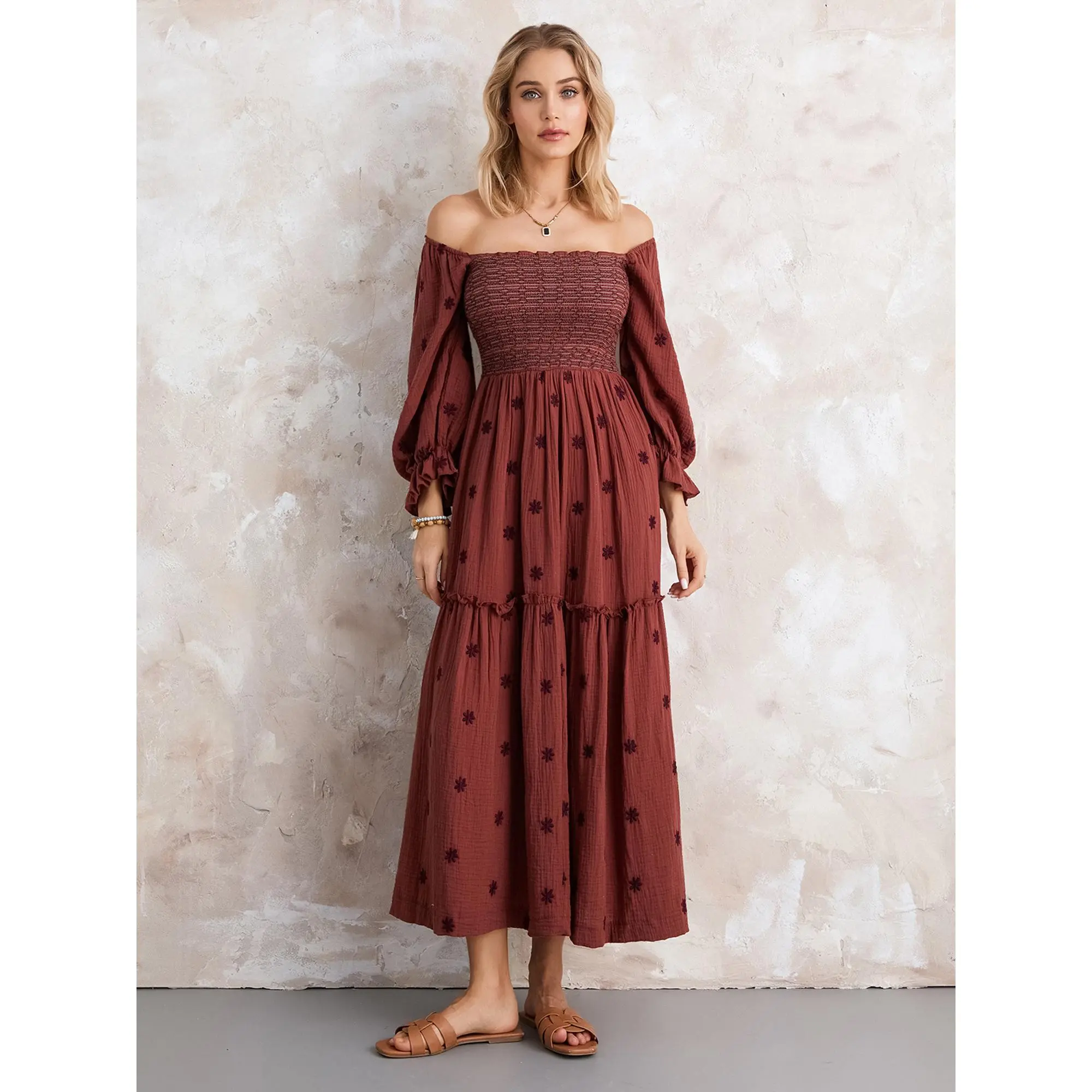 Women Summer Casual Long Dress 3D Embroidered Flowers Square Neck Puff Sleeve Dress Fashion Backless A-line Dress
