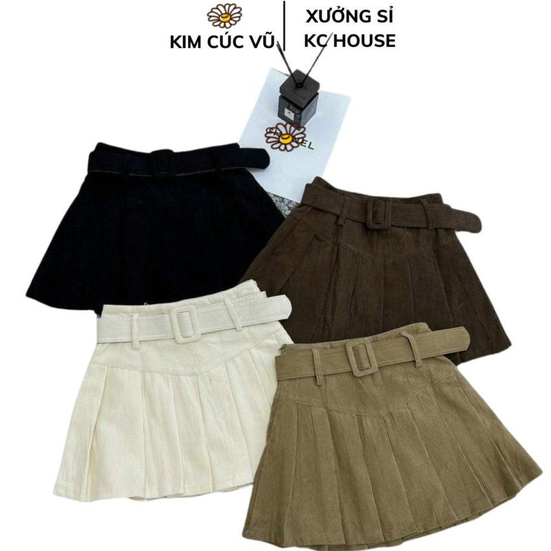 Chân váy xếp ly nhung xoè kèm belt 4 màu KC House quần váy nữ dáng xòe hàng quảng châu loại 1 Women Kem