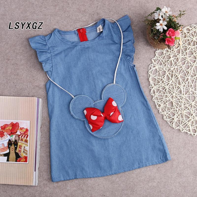 Baby Girl Summer Flying Sleeve Denim Dress Bow with Mouse Bag Dresses 0