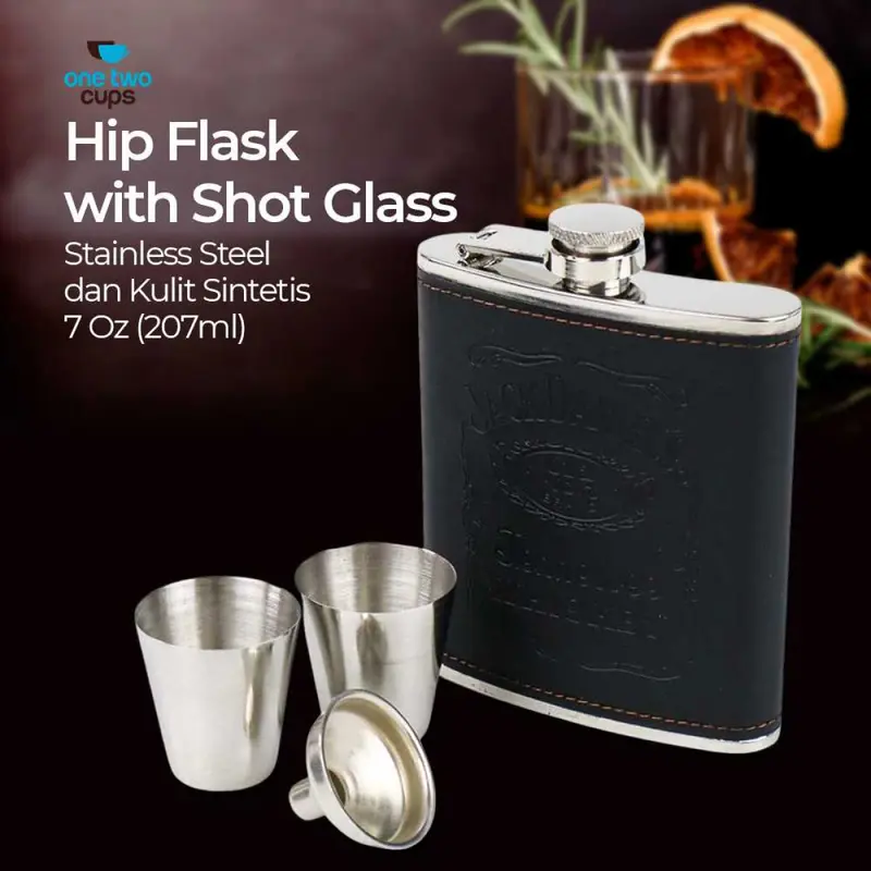 Botol Bir Hip Flask Stainless Leather 7Oz with Shot Glass 0