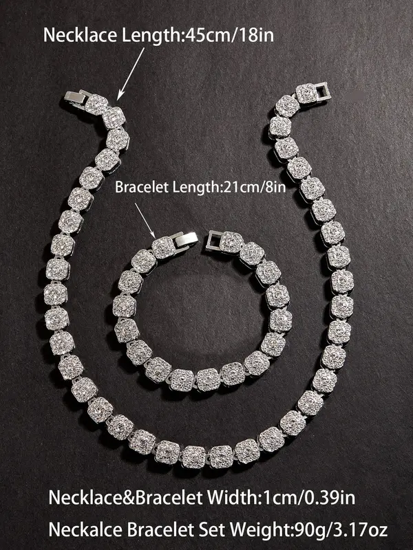 Men's Hip Hop Classic Small Square Rhinestone Jewelry Set, 1 Set/2pcs Sparkly Rhinestone Decorated Necklace & Bracelet Set, Streetwear Accessories, Fashion Matching Jewelry Gift for Men 7