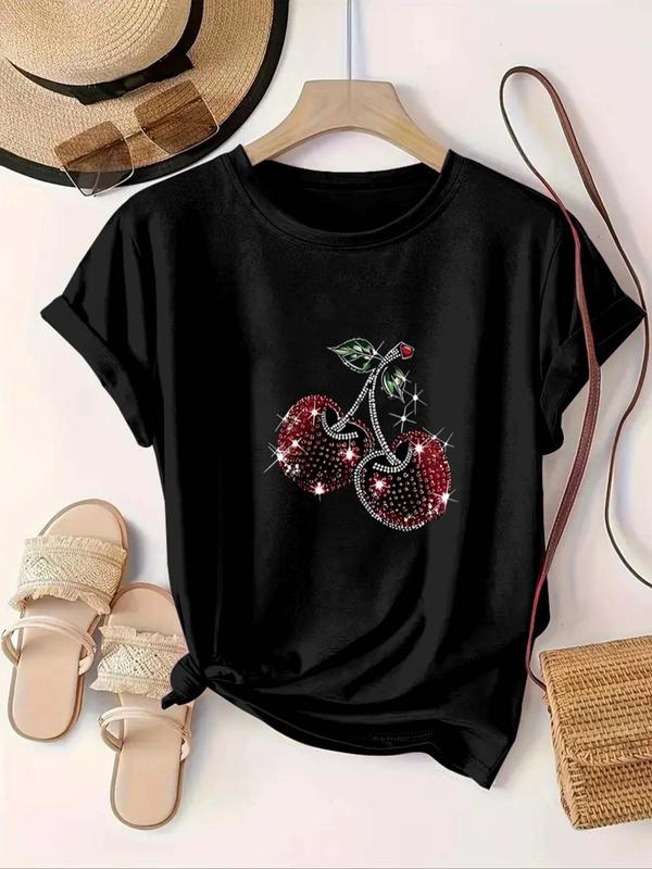 【Plus Size】 Cherry & Letter Print Round Neck Tee, Casual Short Sleeve T-shirt for Summer, Women's Plus Clothing for Daily Wear, Top 2