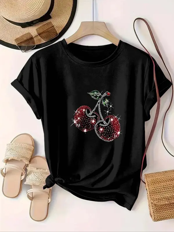 【Plus Size】 Cherry & Letter Print Round Neck Tee, Casual Short Sleeve T-shirt for Summer, Women's Plus Clothing for Daily Wear, Top 2