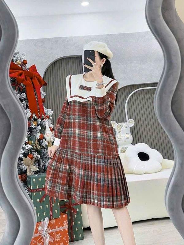 Váy bầu thiết kế cổ Thủy Thủ đính nơ xinh xắn ,chân xếp li Lachic V73