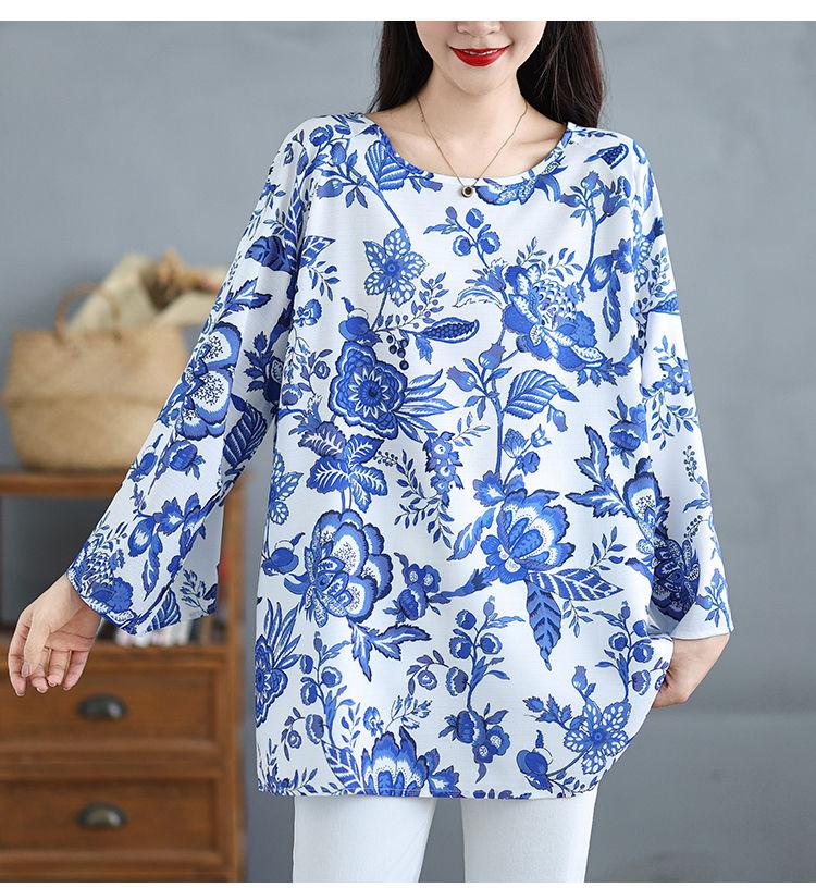 Product Introduction of Kemeja-T Lengan Panjang Wanita Bersaiz Besar, Gaya Etnik Artistik Baru, Porselin Biru dan Putih, Longgar, Serba guna, Sesuai untuk Gaya Kasual Muda, Atasan Setengah Panjang Blouses Shirts Tops Linen 14