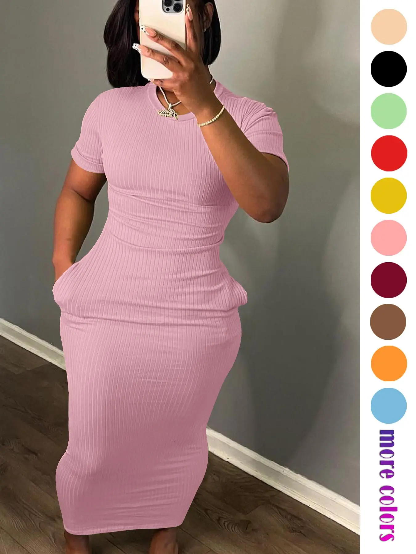 Women's Plain Pocket Short Sleeve Bodycon Dress, Casual Round Neck Ribbed Long Dress for Summer, Ladies Clothes for Daily Wear, Spring & Fall Clothes, Going Out Dresses