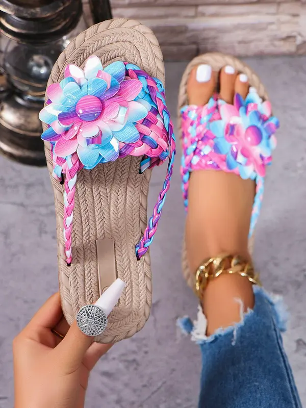 Women's Fashionable Flower Decorated Slides, Casual Boho Style Flat Sandals for Summer, Trendy Exquisite Slide Sandals for Women & Girls, Shoe 3