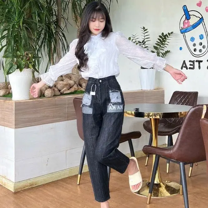 Quần Jeans Baggy Kaka Cạp Cao phối túi rách, quần jean KAKA cạp cao  Hottrend 2024 kèm ảnh thật
