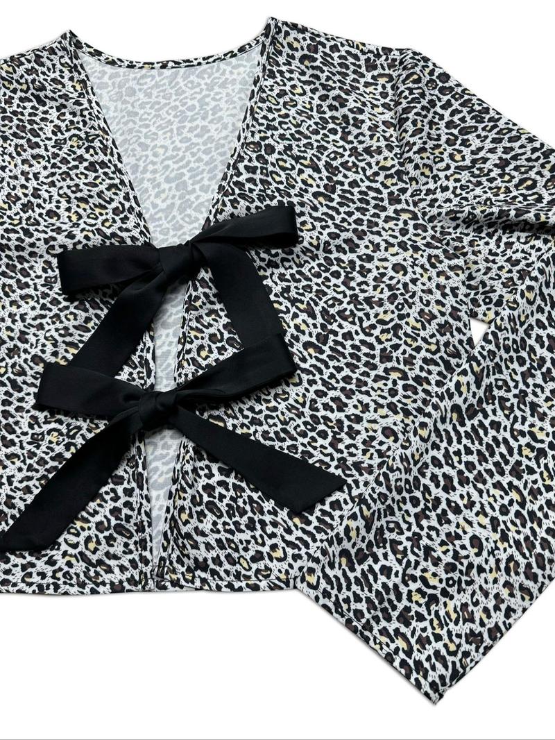 Product Introduction of Women's Leopard Print Tie Front Blouse, Classy Casual Long Sleeve Bow Decor Top for Fall & Winter, Women's Clothes for Daily Wear Valentine's Day, gift 3