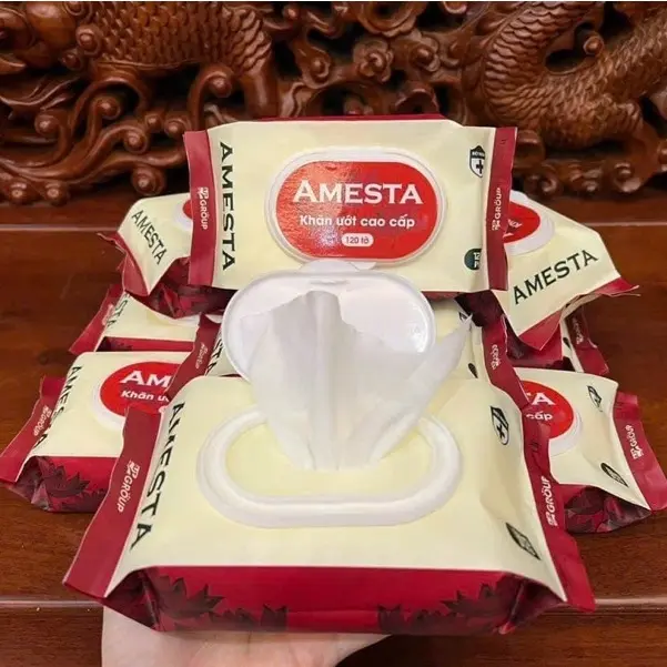Gói 120 tờ khăn giấy ướt Amesta 3 lớp không cồn an toàn cho da 0