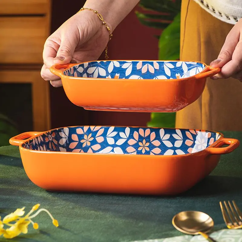 Floral Pattern Rectangular Baking Dish, 1 Count Double Handle Baking Pan, Baking Tray, Kitchenware for Home Use, Housewarming Gift 5