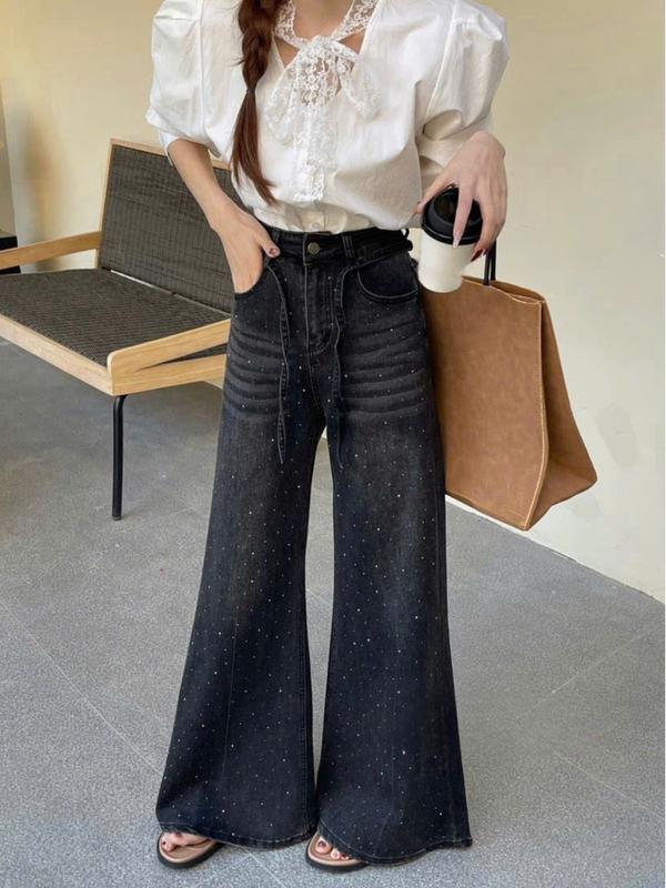 (QB519) Quần jean ống rộng loe màu mài ánh bạc cạp phối dây MAIDO TRENDY Nữ Pants 1