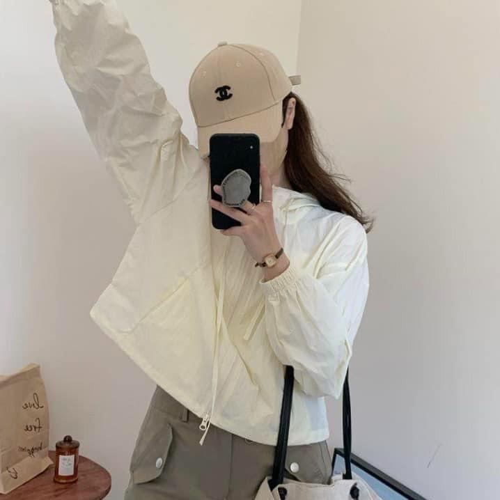 Áo khoác gió nữ croptop có mũ  kiểu trơn vải gió nhăn cản gió chống nắng