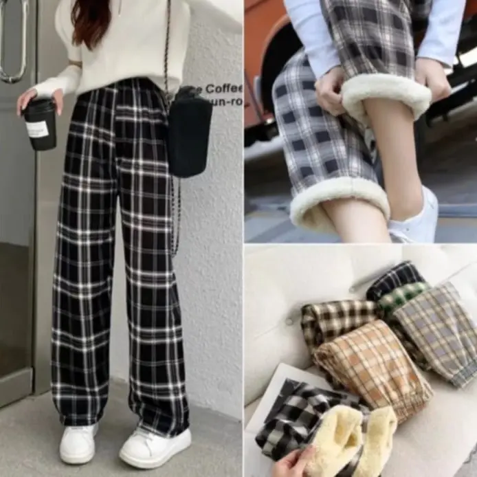 [ Loại Đẹp ] Quần Kẻ Ca Rô Ống Rộng Lót Lông, Quần Lót Lông Dáng Suông Phối Kẻ Thời Trang Thu Đông Đang Hot Trend Cho Nữ 172 Women Pants
