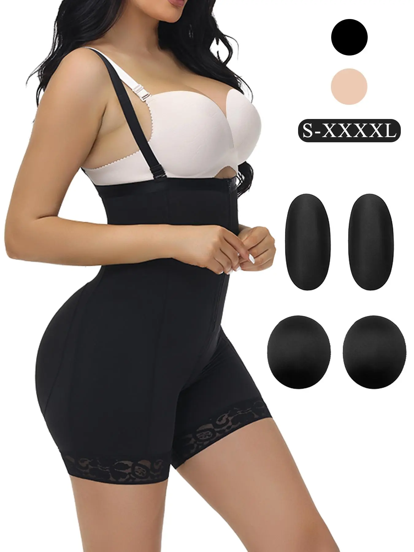 Women's Contrast Lace Zipper Shapewear Shorts with Four Pads, Adjustable Strap Waist Trainer Hip Padding Shapewear Bottoms, High Stretch Tummy Control Butt Lifter, Ladies Shapewear for All Seasons, Hip Padding