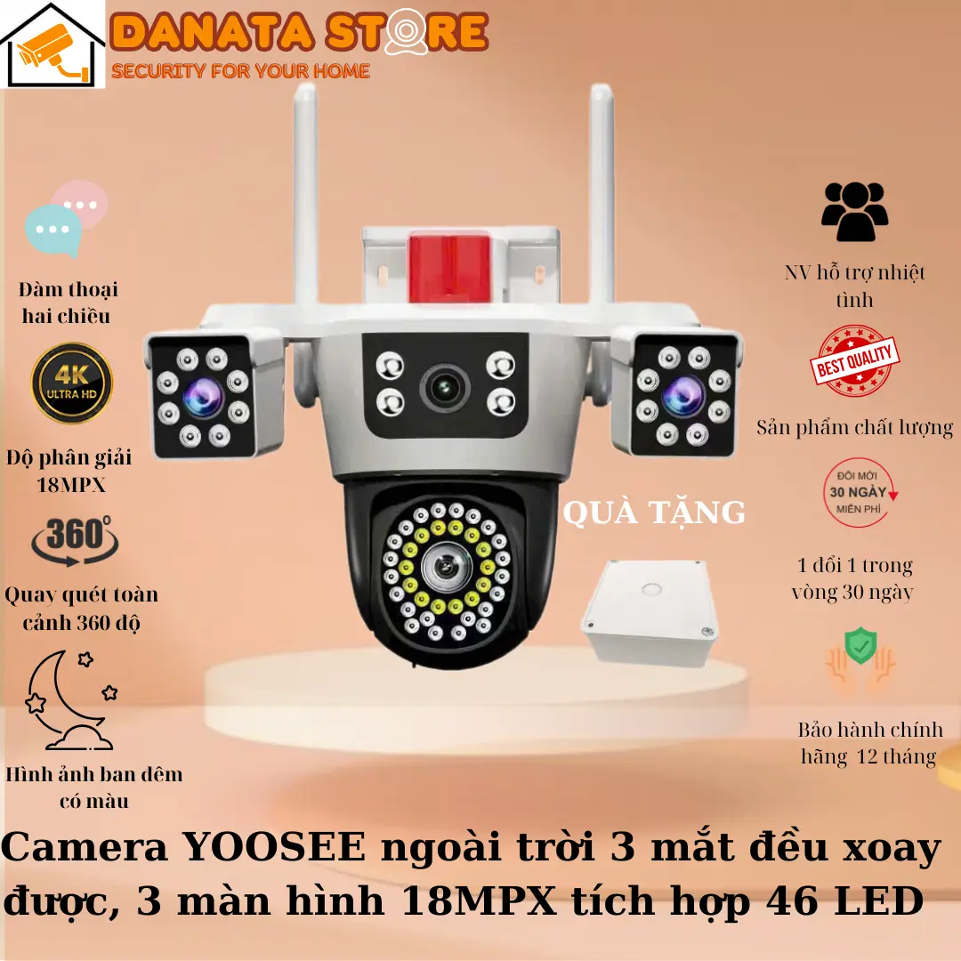 (Lỗi 1 đổi 1) Camera YOOSEE ngoài trời 4 mắt (xoay được 3 mắt), 3 màn hình độ phân giải 18MPX tích hợp 46 LED siêu nét có tiếng việt camera  trường cam  em  bé  truyền  hình
