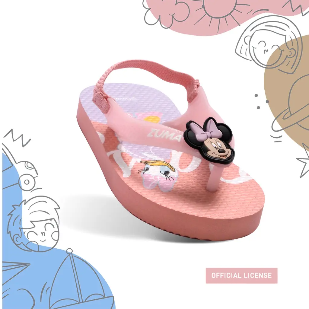 Zuma Baby x Mickey & Friends Pink, Sandal Jepit Bayi Karet Tali Belakang, Merah Muda Empuk Kaki Anak-Anak