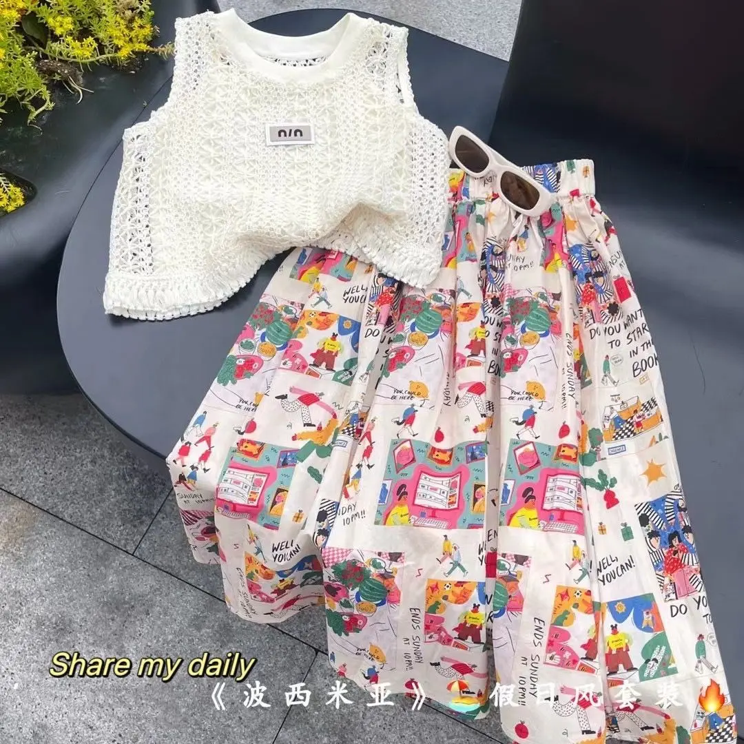 Trang Phục Mùa Hè Cho Bé Gái, Thời Trang Mới 2024, Bộ Đồ Phong Cách Hàn Quốc, Áo Vest khoét Áo Yếm, Váy Bohemia Vỡ, Bộ Ba Mảnh, Thích Hợp Cho Mùa Hè
