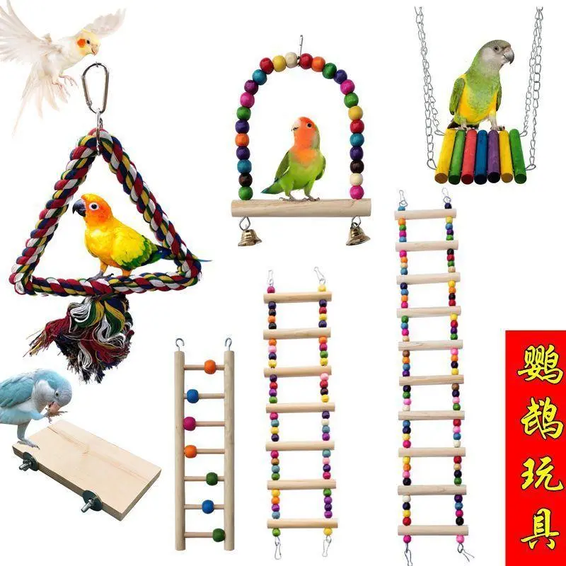 Bird Swing Toy Wooden Pole Bird Cage Habitat Accessories Ringing Bell Colourful Parrot Budgie Mainan Burung