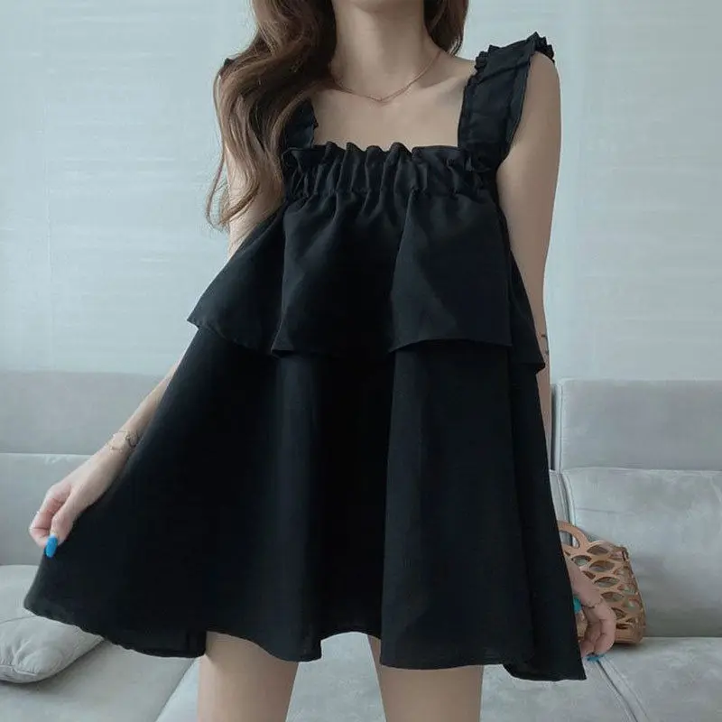 Plus Size Summer Simple Versatile Patchwork Shirt Loose Ruffled Sleeveless Suspender Top for Women