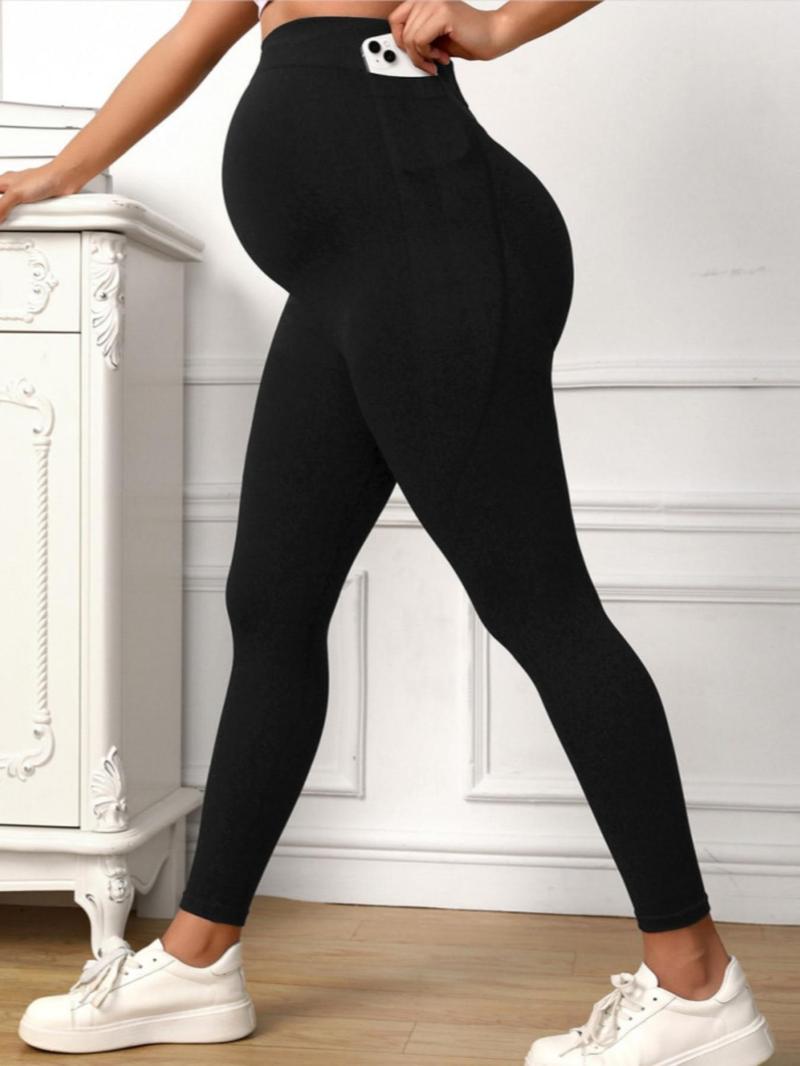 Product Introduction of Women's Solid High Waist Pocket Maternity Leggings, Casual Comfy Breathable High Stretch Seamless Skinny Pants For Pregnancy, Maternity Leggings For Daily Wear 8