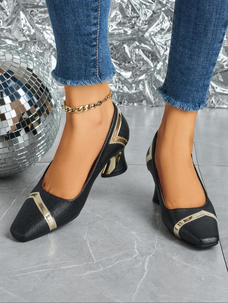 Product Introduction of Women's Fashionable Metallic Square Toe High Heel Shoes, Elegant  Slip on Shoes for Party, Daily Clothing Decor for Women & Girls 1