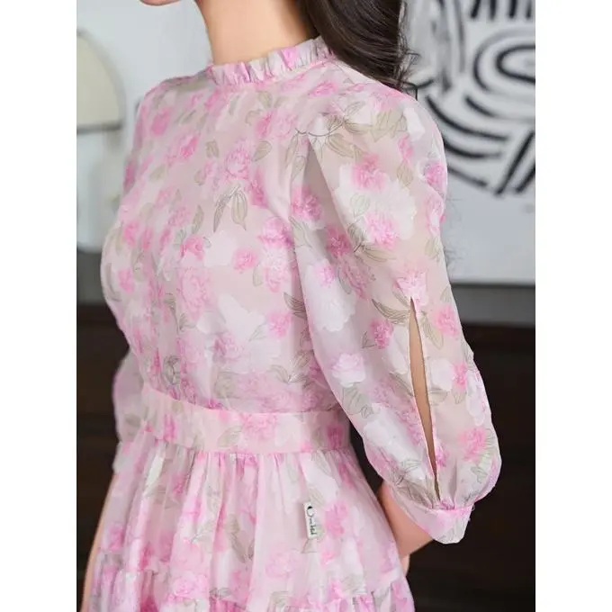 Đầm dáng dài tay lỡ chất tơ hoa hồng Orchid - BT11X241 2