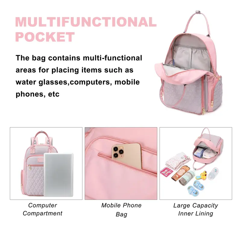 Baby Diaper Bag Backpack, Multifunctional Baby Bag with Insulated Pocket, Large Capacity Nappy Bag Perfect for Work & Travel 6