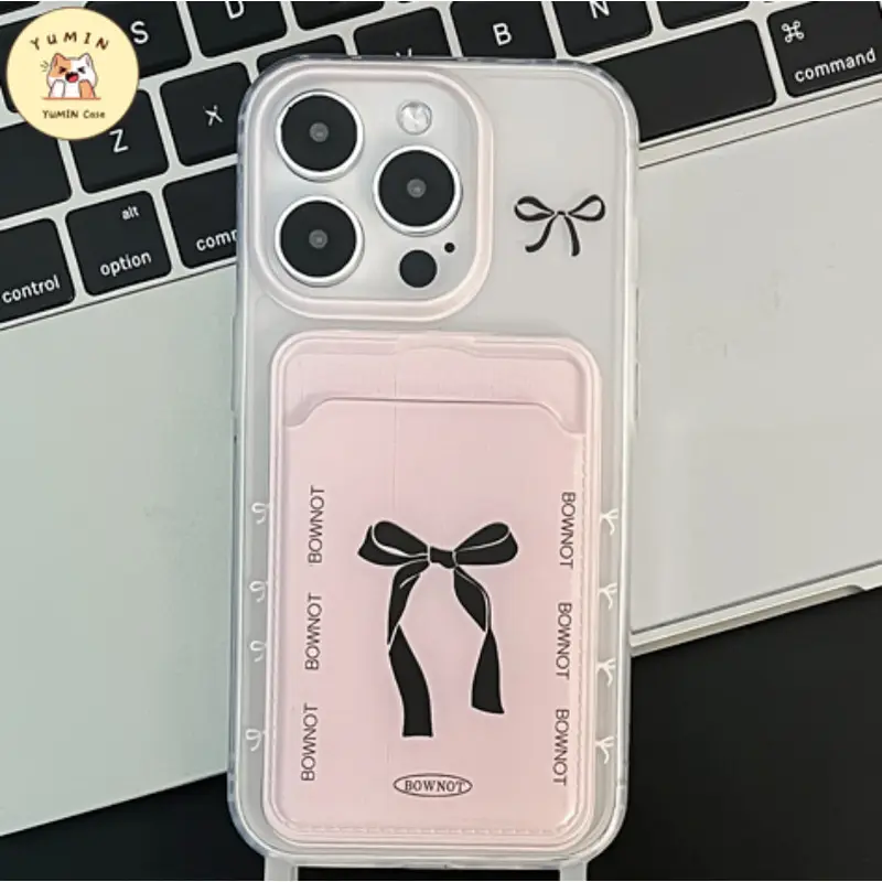 Casing Tempat Kartu Dompet Simpul Pita Hitam Lucu Kompatibel Untuk IPhone 11 13 15 12 14 Pro Max XR X XS Max 7 8 15 Plus 7Plus SE 2022 Fashion Kreatif Mewah Penutup Lembut 1
