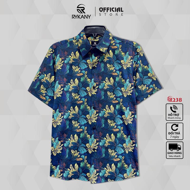 Áo sơ mi nam tay ngắn Hoa lá xanh vàng, vải lụa THÁI, co giãn, thoáng mát, hoa văn khớp hình khi mặc (R238) Menswear