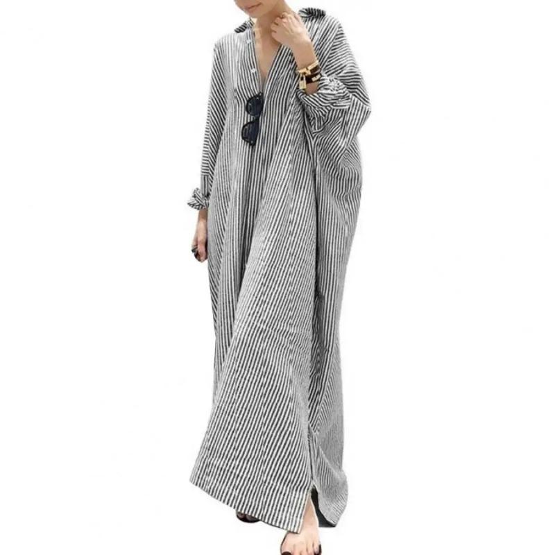 Product Introduction of New Elegant Striped Cardigan Loose Dress Womens Lapel Long Sleeve Long Shirt Dress Ladies Stripe Print Button Up Cardigan Dress 12