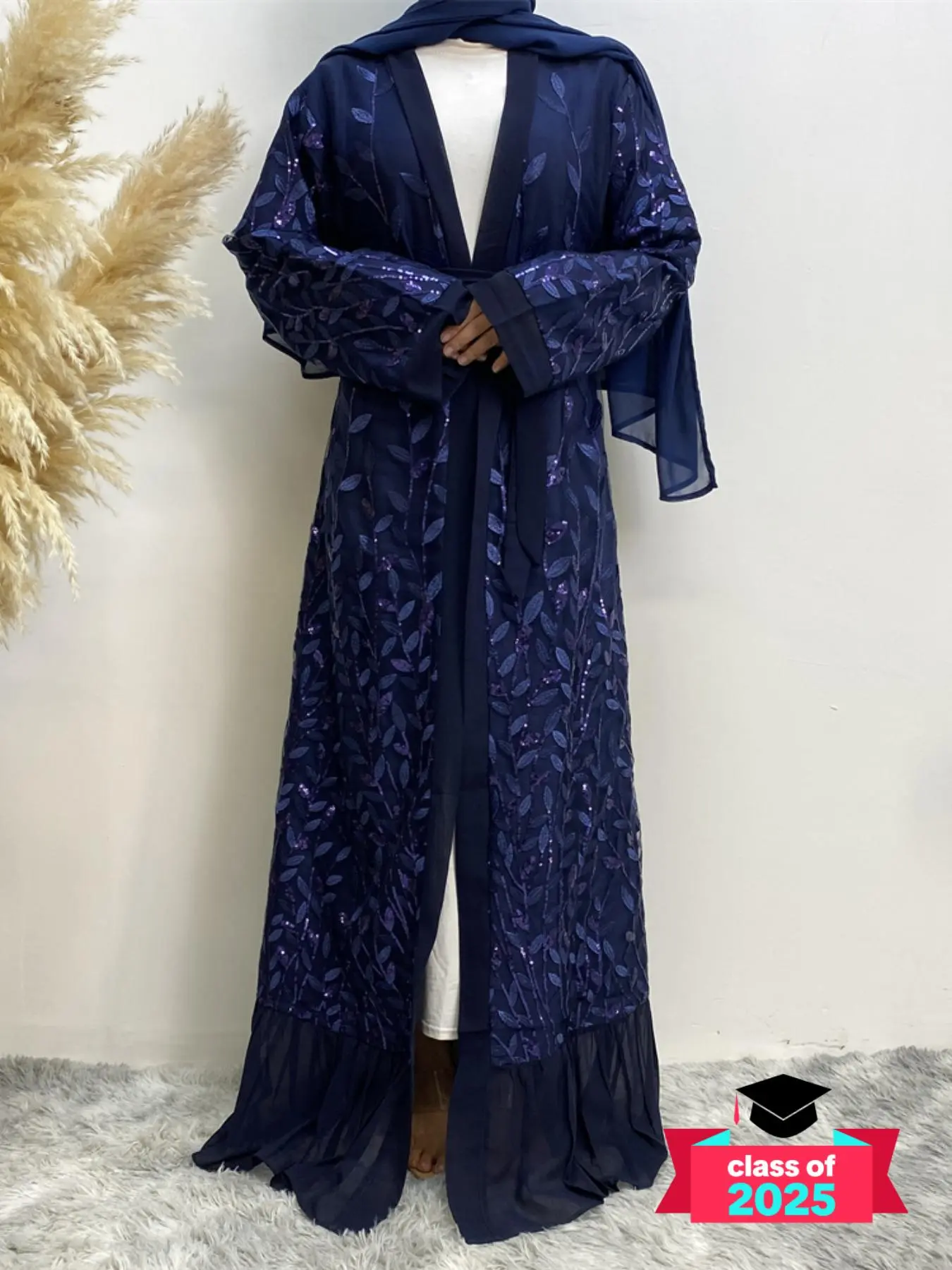 Arabic Clothing- Contrast Sequin Leaf Embroidery Ruffle Hem Belted Caftan Abaya without Dress, Abaya for Women, Modesty Elegant Long Sleeve Open Front Islamic Abaya, Caftan for Women, Muslim Clothes for Women, Modest Clothes