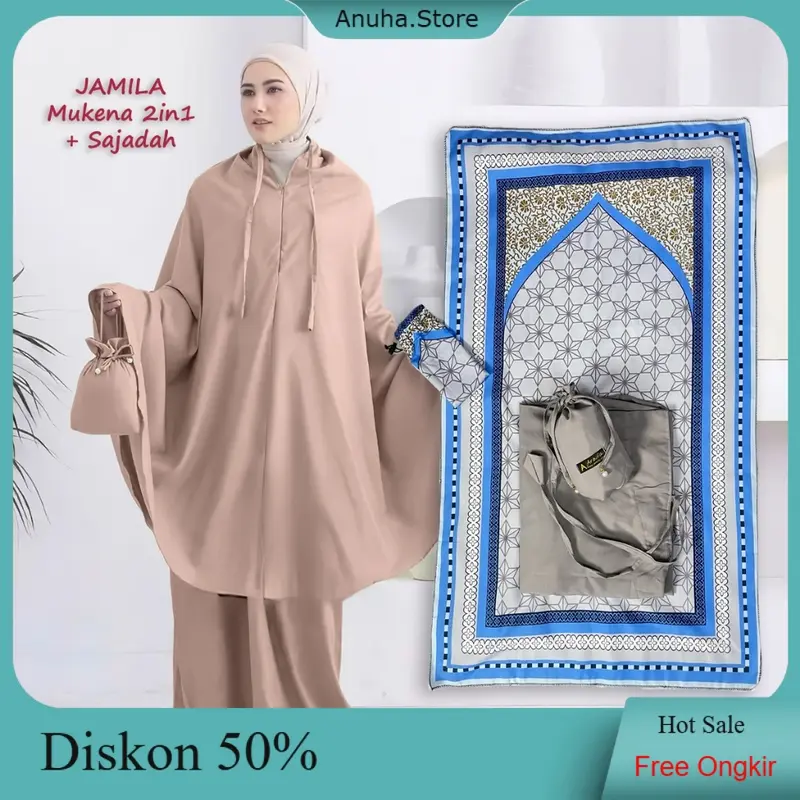 Full Set Mukena + Sajadah Jamila Dewasa Travel Series Katun Polos Renda Arbifa  Muslim 0