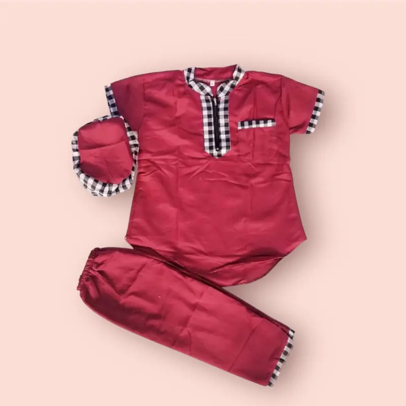Setelan Baju Koko Anak 1-10 Tahun New Pakaian Muslim Cowok Motif List Kotak Turki Plus Peci Nyaman 2
