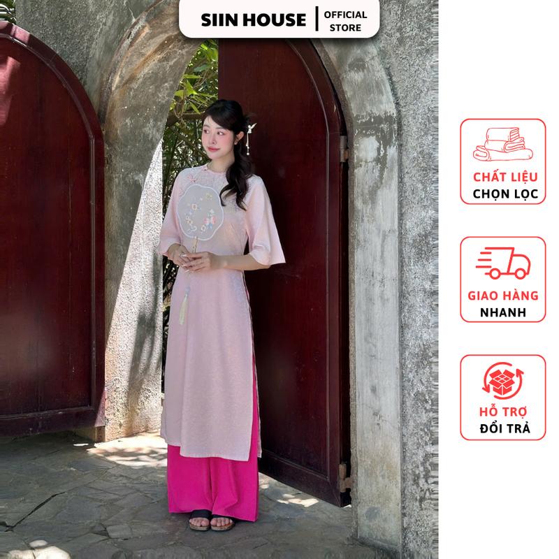 Sét áo dài cách tân gấm hoa dáng suông đính nơ + quần lụa có big size mặc Tết, đi lễ, đi chùa, đi tiệc, chụp ảnh Nữ Women