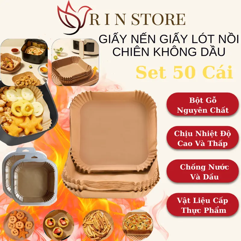 Giấy Lót Nồi Chiên Ko Dầu SET 50 Hình Vuông Miếng Lót Nồi Chiên Không Dầu Chống Dính Chống Thấm RIN