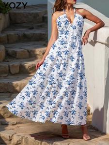 YOZY Women's Floral Print Halter Neck Dress, Elegant Sleeveless Long Dress for Holiday Vacation Daily Wear, Ladies Clothes for All Seasons