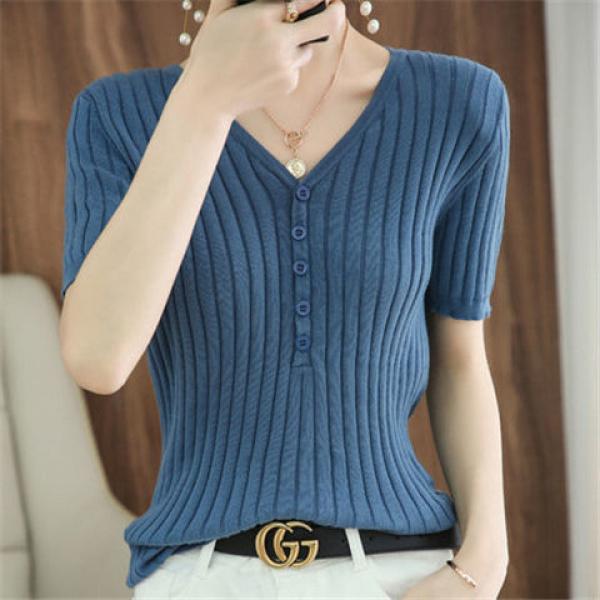 เสื้อยืดถักแขนสั้น, สำหรับผู้หญิง, ทรงหลวม, วัสดุผ้าไหมน้ำแข็ง ...